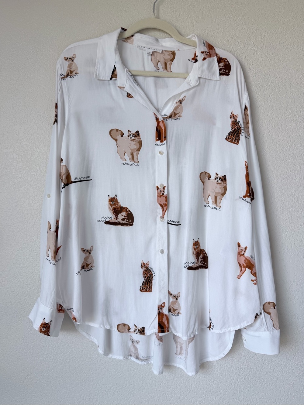 Jane + Delancey Cat Print Rayon Button Down Shirt Blouse White XL Novelty